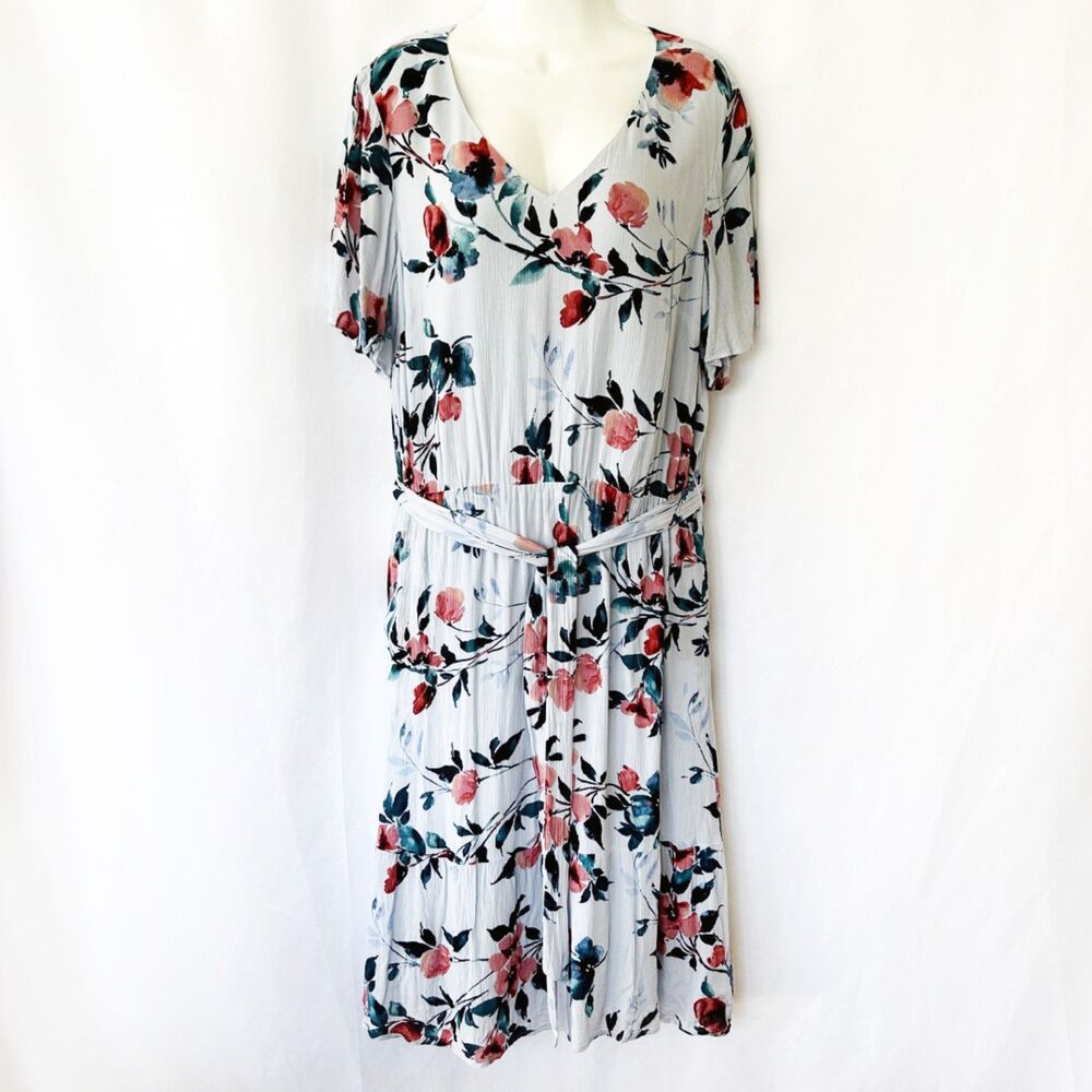 NWOT J. Jill Watercolor Floral Midi Dress in Blue (L) Short Sleeve Ruffled Hem - Picture 2 of 13